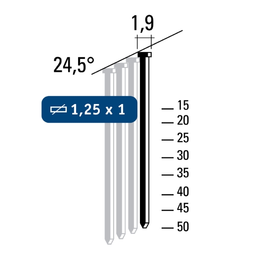 Afbeeldingen van Hewitool minibrads F18 - 20mm 24.5° staal galva (1.25x1x1.9mm - 3000st) - FRAF200001