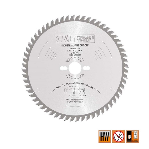 Afbeeldingen van CMT Afkortzaag voor massief hout 250x30x3.2mm Z60 HW - 285.060.10M