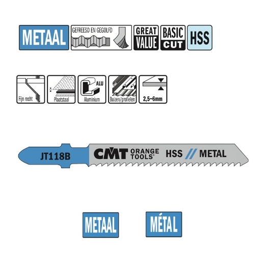 Afbeeldingen van CMT Decoupeerzaag fijn recht voor metaal L=76mm I=50mm TS=2mm TPI=12 DTZ=2.5-6mm HSS, 5 stuks - JT118B-5