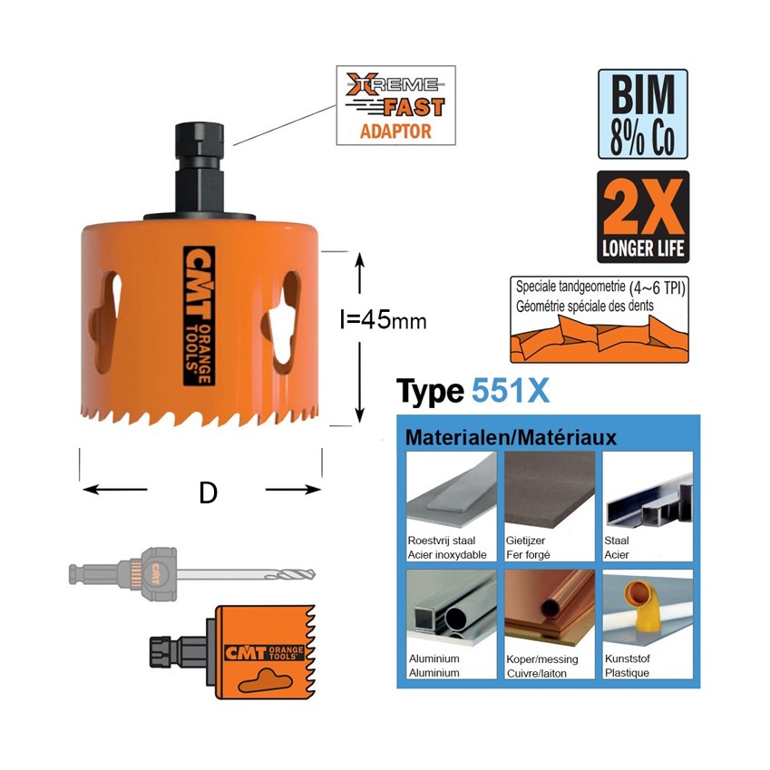 cmt klokboor bi metal Ø60mm in hss voor metaal en aluminium 551 060x