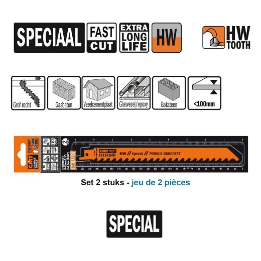Afbeeldingen van CMT Reciprozaagblad voor cementvezel, zachte steen & gasbeton L=225mm I=205mmH=22mm K=1.2mm DTZ=<175mm HW, 2 stuks - JS1141HM-2