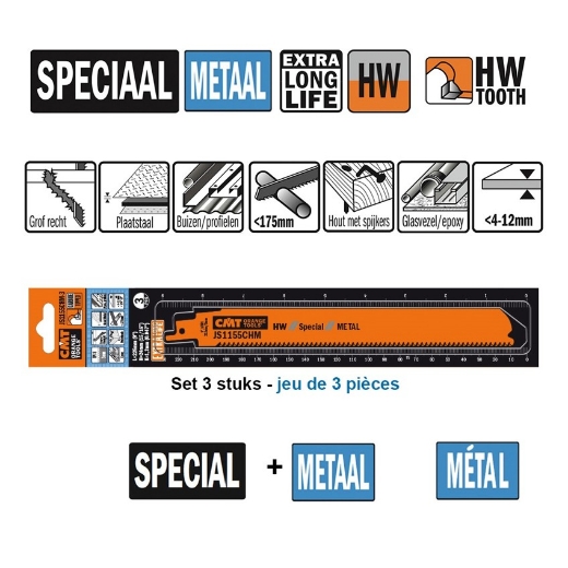 Afbeeldingen van CMT Reciprozaagblad voor metaal & RVS L=225mm I=205mmH=24mm K=1.2mm DTZ=3-8mm HW, 3 stuks - JS1155CHM-3