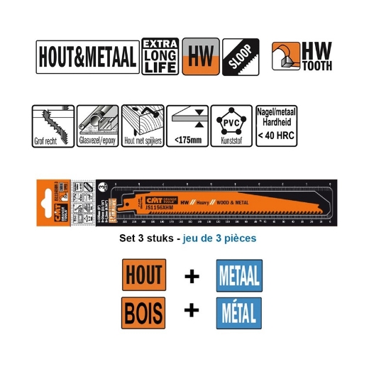 Afbeeldingen van CMT Reciprozaagblad voor universeel gebruik L=225mm I=205mmH=24mm K=1.2mm DTZ=175mm HW, 3 stuks - JS1156XHM-3