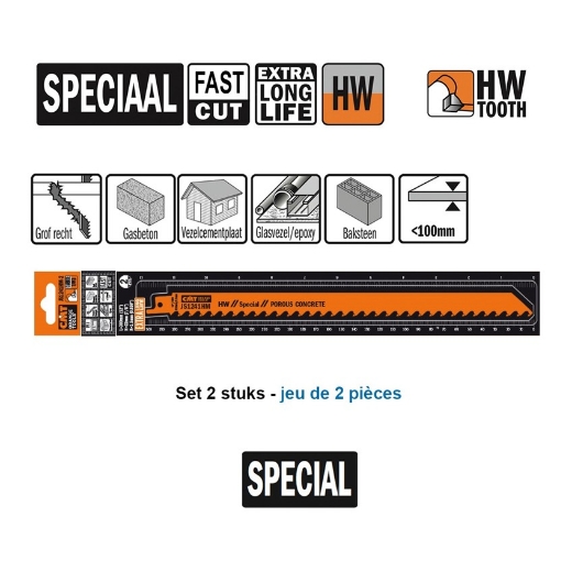 Afbeeldingen van CMT Reciprozaagblad voor gasbeton L=300mm I=280mmH=22mm K=1.5mm DTZ=<250mm HW, 2 stuks - JS1241HM-2