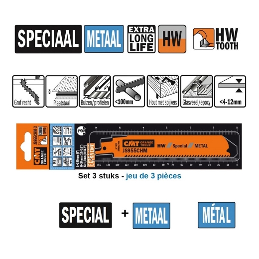 Afbeeldingen van CMT Reciprozaagblad voor staal en gietijzer L=150mm I=130mmH=24mm K=1.2mm DTZ=4-12mm HW, 3 stuks - JS955CHM-3
