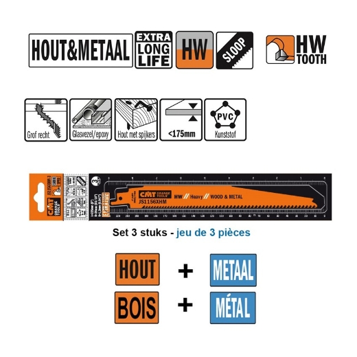 Afbeeldingen van CMT Reciprozaagblad voor universeel gebruik L=150mm I=130mmH=24mm K=1.2mm DTZ=<100mm HW, 3 stuks - JS956XHM-3