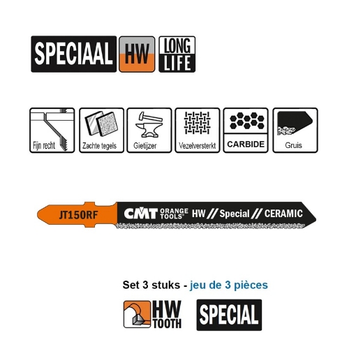 Afbeeldingen van CMT Decoupeerzaag met hardmetalen korrel voor zachte keramische tegels L=83mm I=50mm DTZ=5-10mm, 3 stuks - JT150RF-3