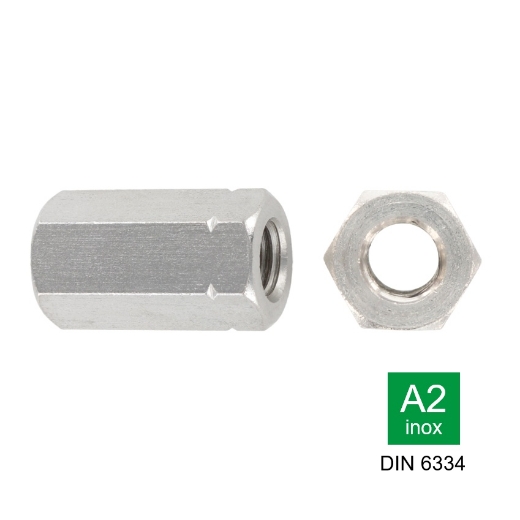 Afbeeldingen van Hoge zeskantmoer / koppelmoer Din 6334 M6 inox A2