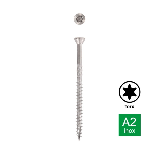 Afbeeldingen van Houtschroef Torx TX25 met verzonken kop, deeldraad, freesribben en voorsnijpunt 5x90/54 inox A2