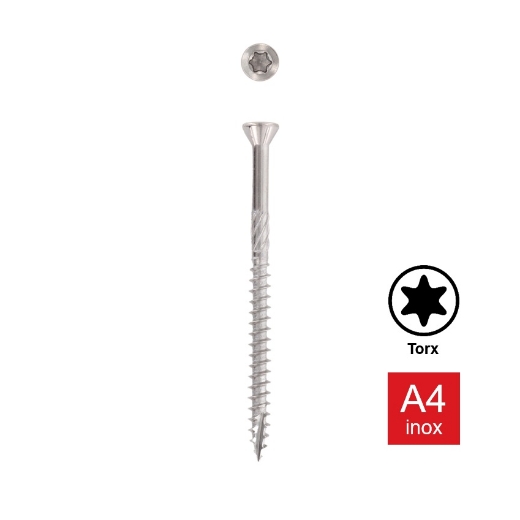 Afbeeldingen van Houtschroef Torx TX25 met verzonken kop, deeldraad, freesribben en voorsnijpunt 5x40/24 inox A4