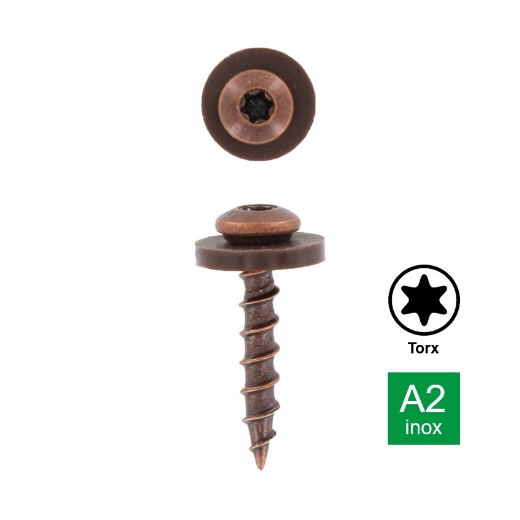 Afbeeldingen van Plaatschroef voor vensterbank met bolle kop, grove draad en nylon ring Torx TX15 Bruin 3.9x32 inox A2